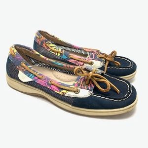SPERRY TOP SIDER Navy Blue Floral Palm Trim Boat Shoes Loafers Real Leather 7.5